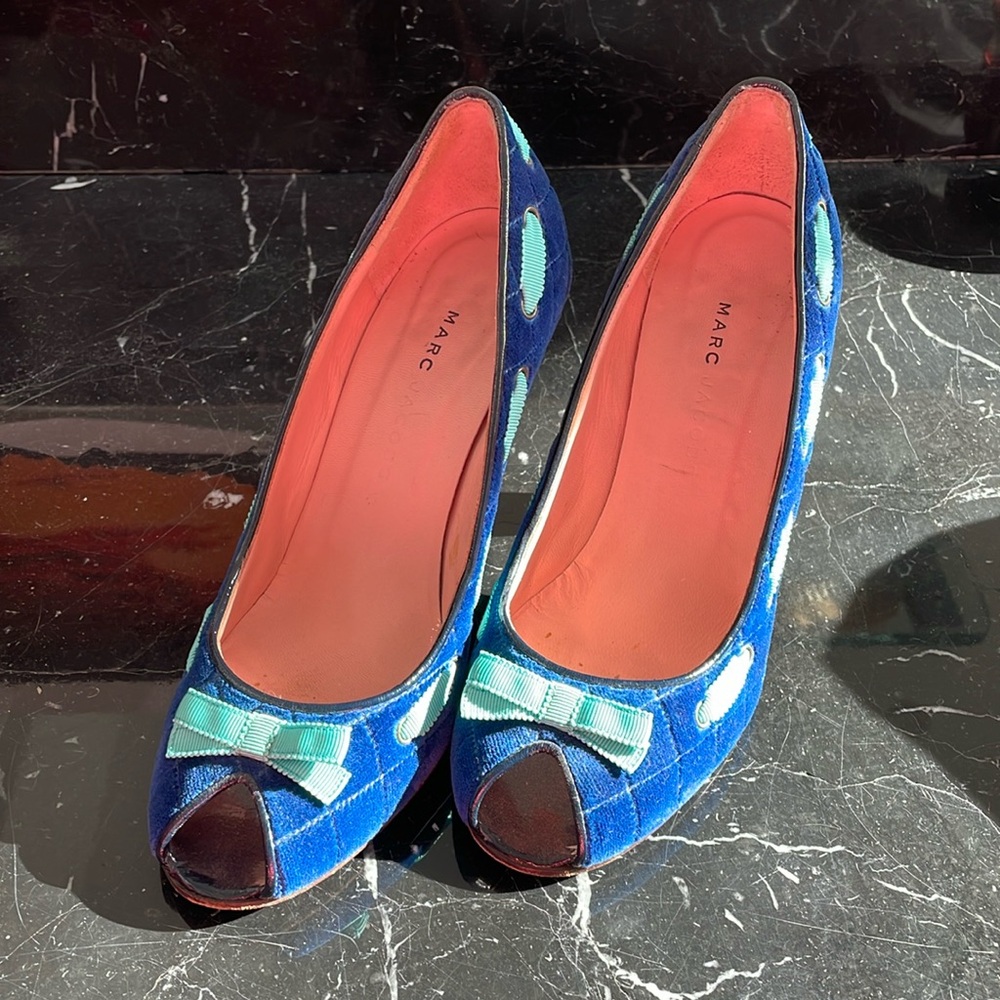 Velvet Blue Marc Jacobs Open Toe Pumps